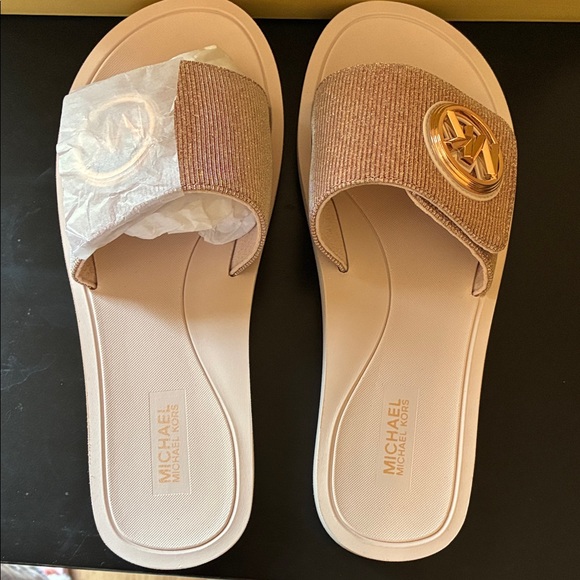 Michael Kors Gold and Tan Slide Sandals - Picture 1 of 6